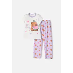MIC - Pijama de Capybara lila y blanca de pantalón largo para niña