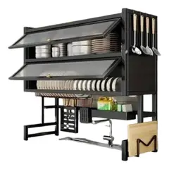 GENERICO - Escurridor Seca Platos Hogar Doble Tapa Cubre Polvo Negro inoxidable 65cm