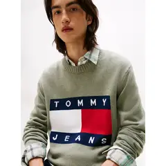 TOMMY HILFIGER - Saco verde en intarsia con parche del logo Tommy Jeans