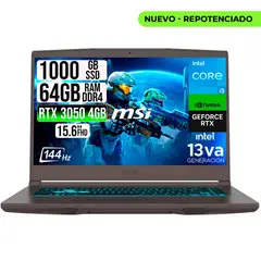 MSI - PORTATIL THIN 15 INTEL I5-13420H RTX 30504GB SSD 1TB RAM 64GB 15.6" FHD 144HZ