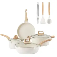 GENERICO - Juego De Ollas Sartenes Y Utensilios Granito Antiadherente Color Blanco