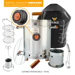 VIKINGO BARRILES - Combo Barril Asador Mediano con Termómetro Inteligente Vikingo 28 Libras Acero inoxidable