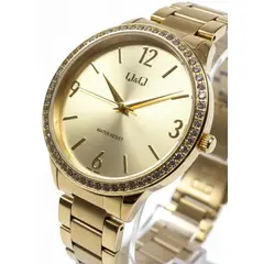 Q&Q - Reloj Dama Dorado de Lujo - Bisel con Cristales Dial Sunray y Pulso de Acero