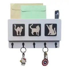 GENERICO - Portallaves De Pared En Madera Con Buzón Diseño Gatos Color Blanco Seda y Natural