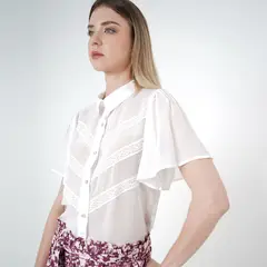 FDS - Blusa abierta cuello camisero manga corta bolero con encajes