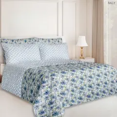 BALI - Colcha Doble Faz para Cama Semidoble 200×240 + Funda 50×75 Azul flores rombos