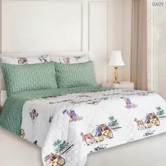 BALI - Colcha Doble Faz para Cama Sencilla 170×240 + Funda 50×75 Carruaje Verde