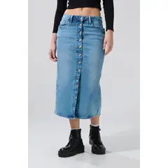 KOAJ - Falda larga de jean azul clara con tiro alto y botones Mujer