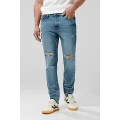 KOAJ - Jean tiro bajo skinny azul ajustado con rotos delantero Hombre