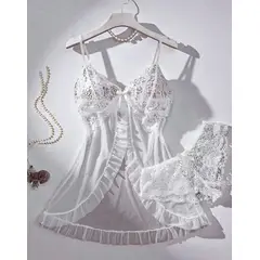 GENERICO - Conjunto Lencería Sexy Babydoll Encaje Pijama Suave Blanco M L