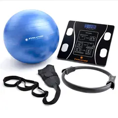 EVOLUTION FITNESS - Kit de Pilates y Yoga Evolution Entrena en Casa Balón Aro Strap y Báscula