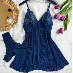GENERICO - Conjunto Lencería Sexy Babydoll en Encaje Pijama Suave Azul L XL