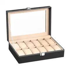 GENERICO - Caja Organizadora de Relojes 12 Ranuras con Tapa Cuero Sintetico