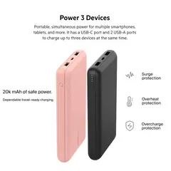 BELKIN - Combo Cargador Power Bank 20K Boostcharge Pro, 2 USB +1 USB-C Negro y rosado