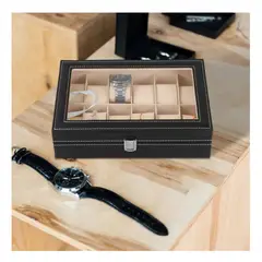 GENERICO - Estuche para Relojes 12 Espacios con Tapa Cuero Sintetico