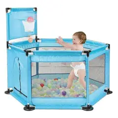 GENERICO - Corral piscina de pelotas para bebes armable con cesta AZUL