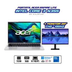 ACER - PORTATIL ASPIRE INTEL CORE 3 N355 / Monitor 22" 100Hz / RAM 8GB DDR5 / SSD 512GB / Silver