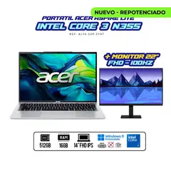 ACER - PORTATIL ASPIRE INTEL CORE 3 N355 / Monitor 22" 100Hz / RAM 16GB DDR5 / SSD 512GB / Silver