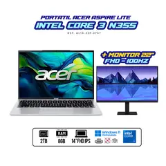 ACER - PORTATIL ASPIRE INTEL CORE 3 N355 / Monitor 22" 100Hz / RAM 8GB DDR5 / SSD 2TB / Silver