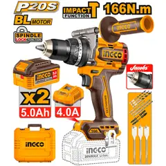 INGCO - Taladro de Impacto 20V 166Nm Brushless + 2 Baterías 5.0Ah UCIDLI201668