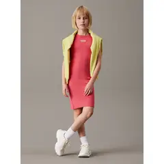 CALVIN KLEIN - Vestido rojo slim sin mangas de canalé