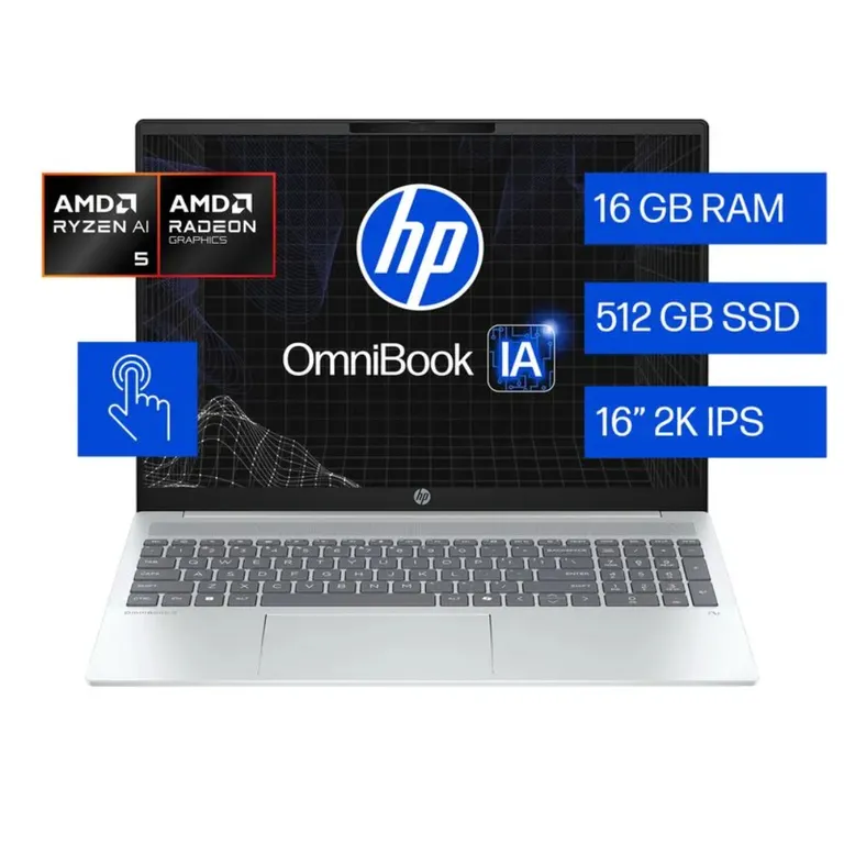 Laptop OmniBook 5 AI 16-ag1052la, AMD Ryzen AI 5, 16 GB RAM, 512 GB SSD, 16" Tactil 2K,