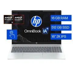 HP - Laptop OmniBook 5 AI 16-ag1052la, AMD Ryzen AI 5, 16 GB RAM, 512 GB SSD, 16" Táctil 2K,
