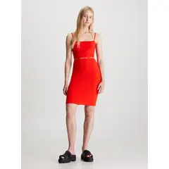CALVIN KLEIN - Vestido rojo de tirantes con logo repetitivo