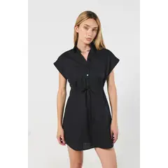 KOAJ - Vestido corto unicolor con manga corta y cuello camiser Mujer