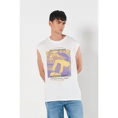 KOAJ - Camiseta oversize crema manga sisa con diseños urbanos Hombre