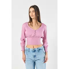 KOAJ - Blusa unicolor con manga larga y cintura encauchada Mujer