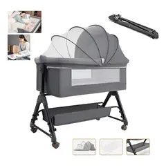 BEBESITOS - CUNA PARA BEBES 5 EN 1 CON COLCHONETA, ORGANIZADOR MOSQUITERO RUEDAS Y MECEDORA GRIS