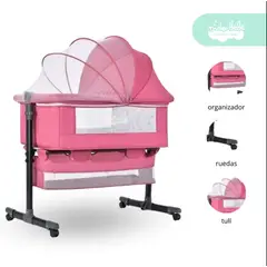 BEBESITOS - CUNA PARA BEBES 5 EN 1 CON COLCHONETA, ORGANIZADOR MOSQUITERO RUEDAS Y MECEDORA ROSA