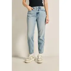 KOAJ - Jean boyfriend azul tiro alto con bota recta y desgaste Mujer