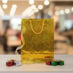 INFANTILES CAJUROMIX - Bolsa De Regalo Metalizada Diseño Holográfico Grande Dorado