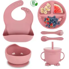 AMERICAN GENERICS - Set Vajilla Para Bebé 5 Piezas Silicona Libre BPA ROSADO
