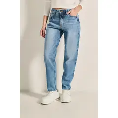 KOAJ - Jean boyfriend tiro alto azul con bota recta y desgaste Mujer