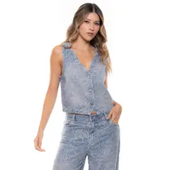 COLOR BLUE - Chaleco En Denim Con Bordados