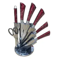 AMERICAN GENERICS - Juego De Set Cuchillos Profesionales 8 Piezas Base Giratoria ROJO