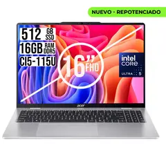 ACER - Portátil Intel Core Ultra 5-115U 16GB RAM 512GB SSD Pantalla 16 WUXGA IPS Nueva Generación