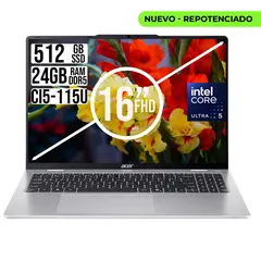 ACER - PORTATIL INTEL CORE ULTRA 5-115U SSD 512GB RAM 24GB WUXGA IPS 16
