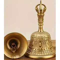 SIN ETIQUETAS - Campana De Mano Tibetana 7 Metales Grande Tallada Baño Oro