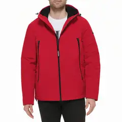 CALVIN KLEIN - Chaqueta roja soft shell con capota y forro de sherpa