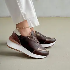 EVEGONZ - Tenis en Cuero Calzado Deportivo de Mujer Confort Marron