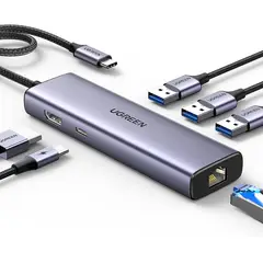 UGREEN - Adaptador USB-C 6 En 1 Multipuerto A USB 3.0 RJ45 Gigabit Ethernet HDMI 4k 30hz Carga PD de 100w