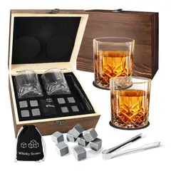 ORIGINAL HEALTH - SET DE WHISKY 15 PIEZAS REGALO PARA HOMBRES CON VASOS + PIEDRAS + ESTUCHE + PINZAS