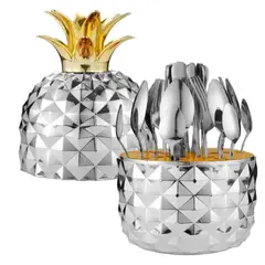 GENERICO - Set Premium de 24 Cubiertos de Acero con Estuche Decorativo Plateado Tipo Piña