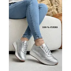 EVEGONZ - Tenis Mujer Calzado Confort Zapato en Cuero Color Plateado