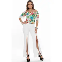 VIA7 - Pantalón Wide Leg con Aberturas Frontales en Licra