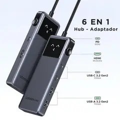 UGREEN - Hub Adaptador Multipuerto UNO 6 en 1 HDMI 4K/100W – Laptop y MacBook USB-C